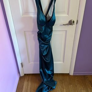 Teal lace up back satin prom dress, size 10, B Darlin